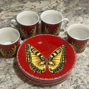Vintage Maestro Red Butterfly  Lynn’s China Cup & Dessert Plate Set Of 8